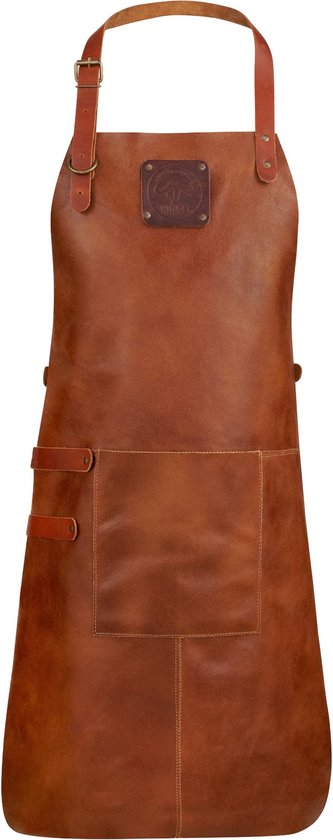 Tablier en cuir de buffle couleur cognac WITLOFT avec sangle de cou réglable, poche avant et étiquette en cuir.