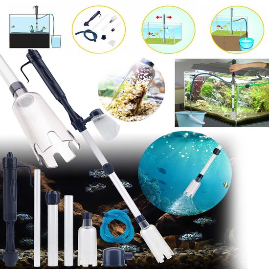 Elektrische aquariumgrindreiniger set met slang, buizen en schema's voor verschillende reinigingsfuncties.