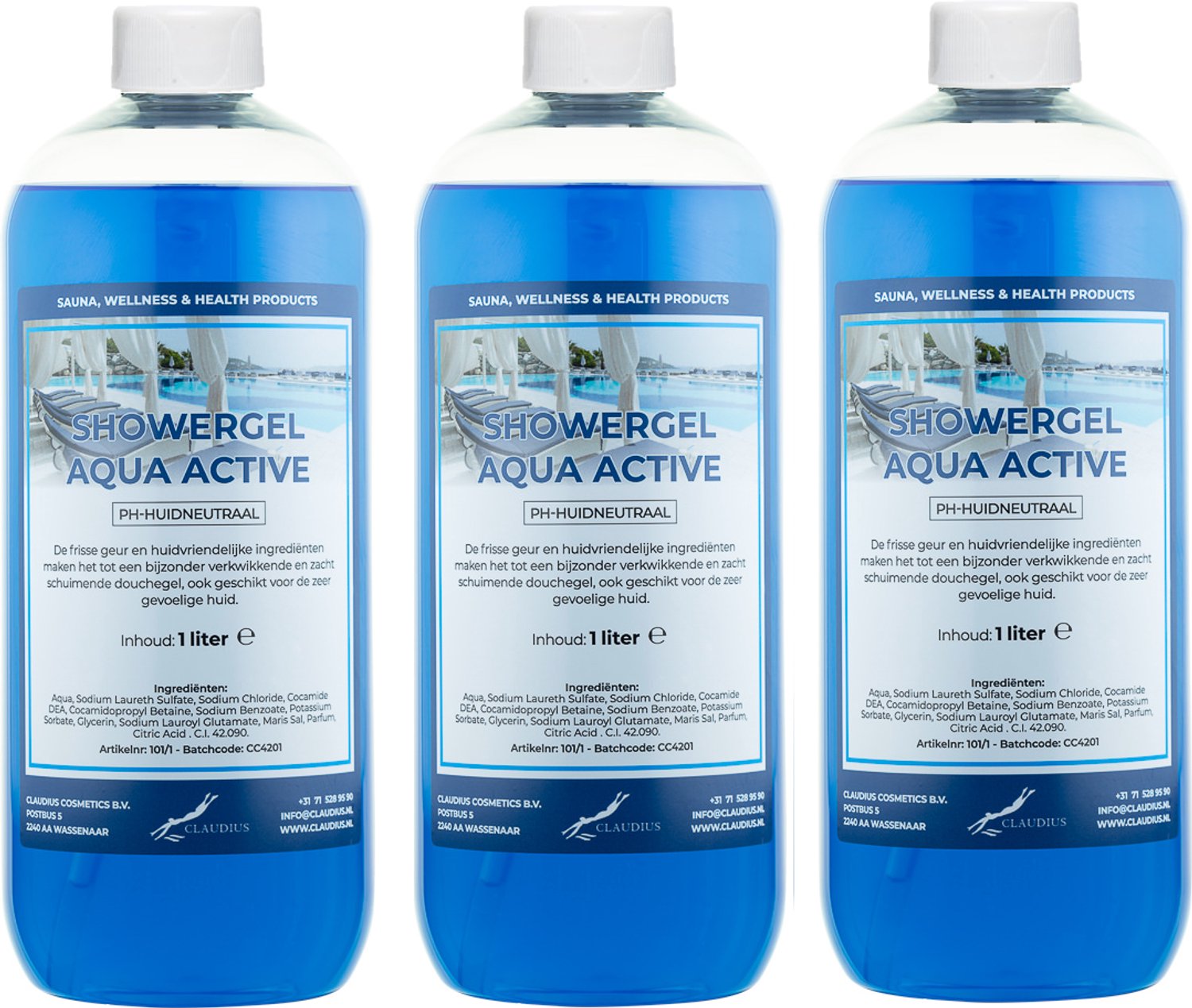 Claudius Douchegel Aqua Active 1 liter - set van 3 stuks - showergel - navulling - voordeelverpakking