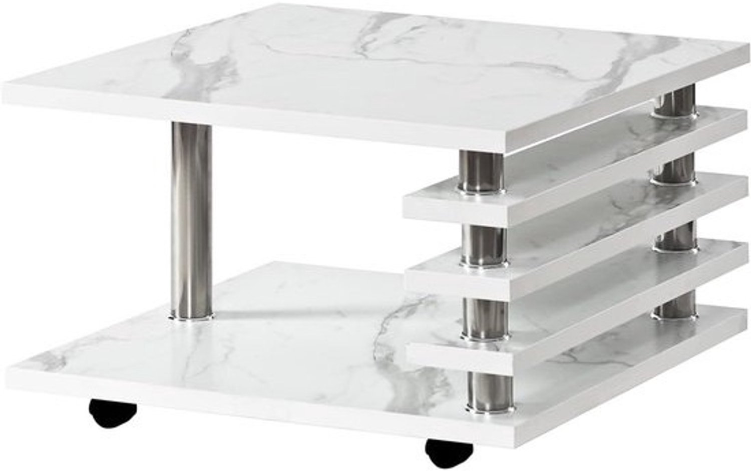 Salontafel op wieltjes - wit marmerlook - pianolak - 65 x 65 x 42 cm