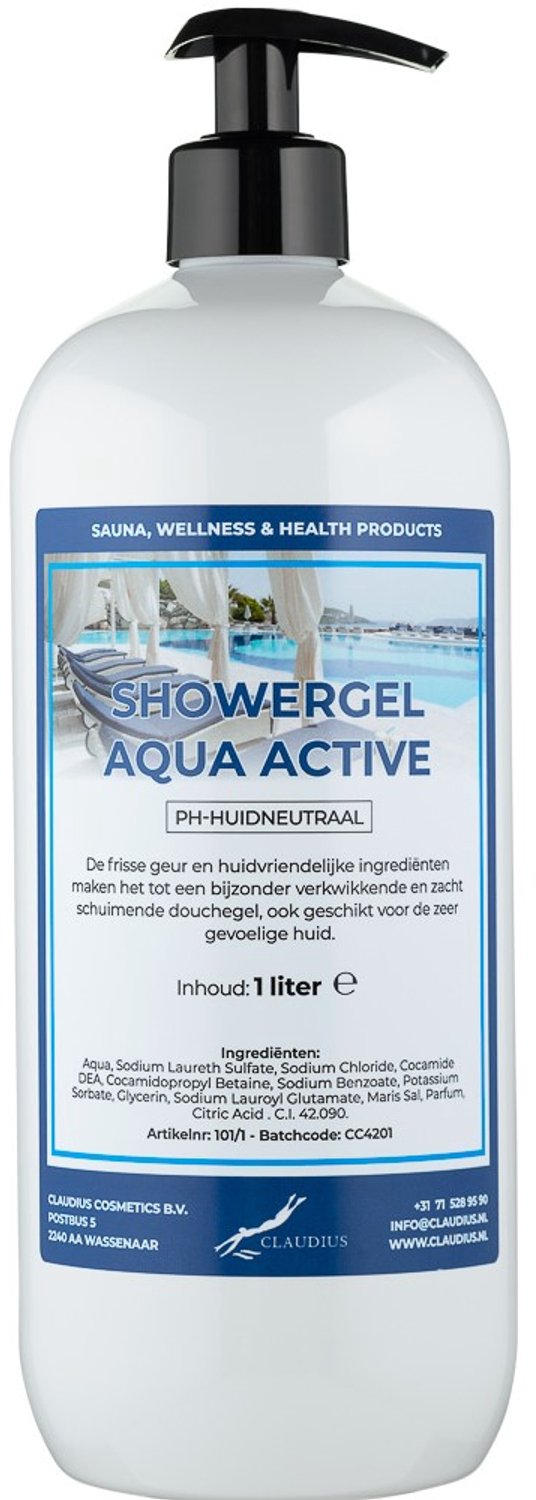 Claudius Douchegel Aqua Active 1 liter met gratis zwarte pomp - showergel - navulling - voordeelverpakking