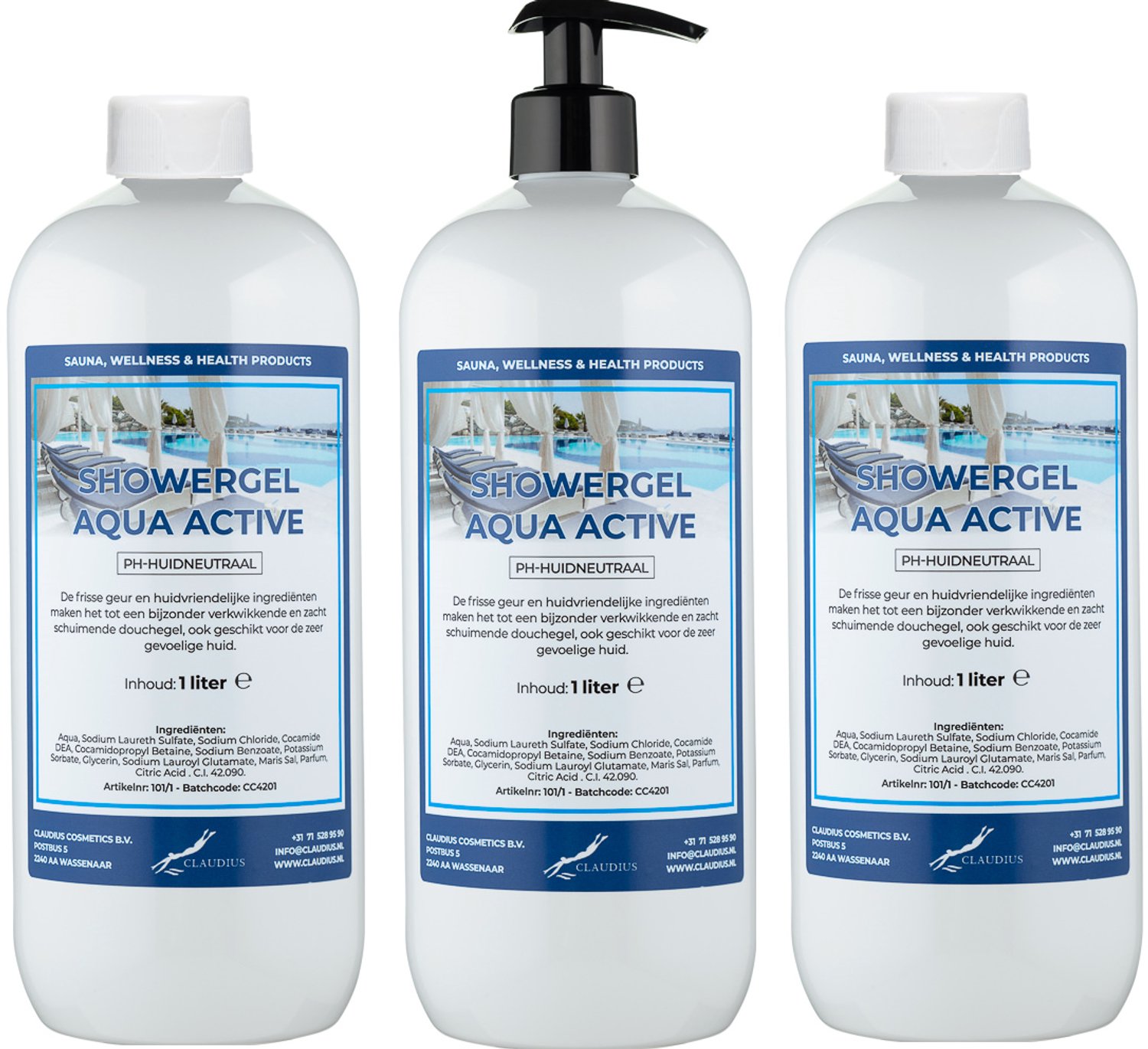 Claudius Douchegel Aqua Active 1 liter - set van 3 stuks - met gratis zwarte pomp - navulling - voordeelverpakking