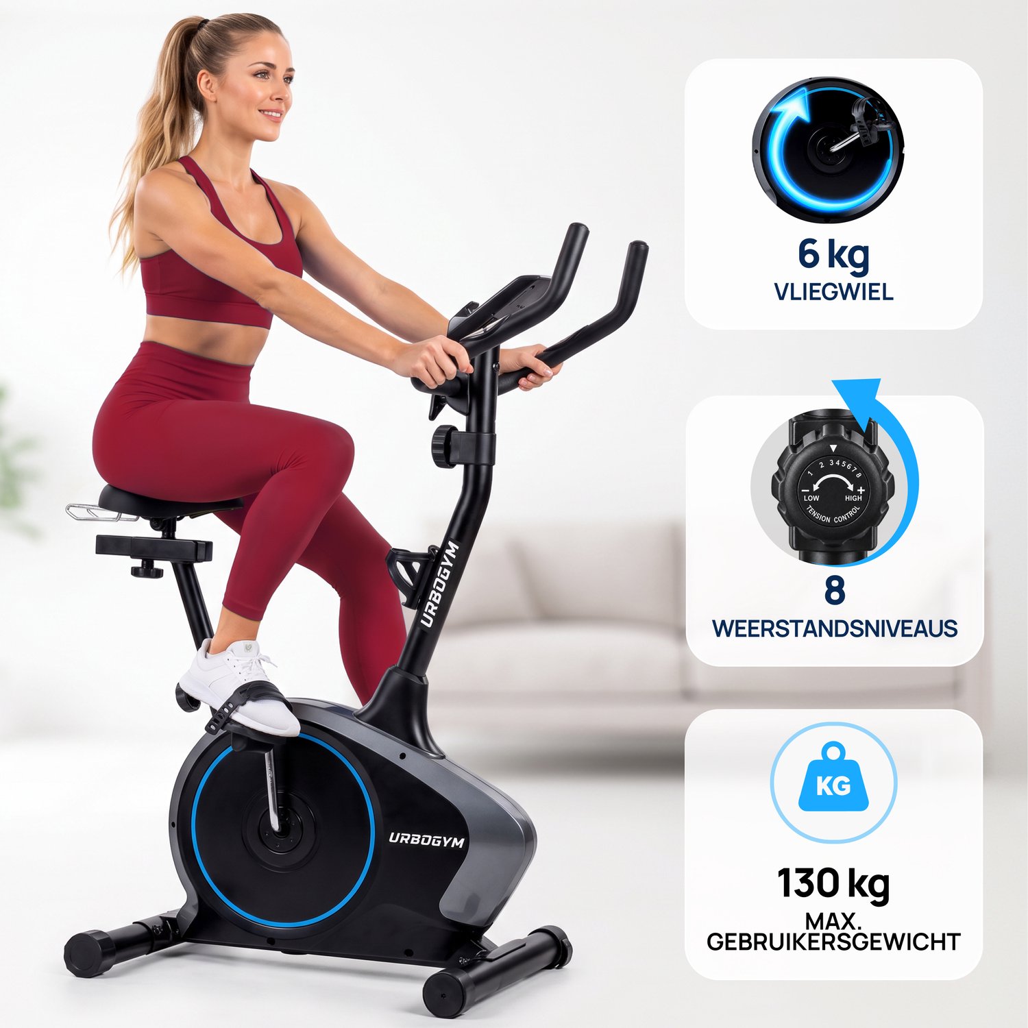 URBOGYM ARGO BLUE Hometrainer - Magnetische Fitnessfiets - 8 Weerstandsniveaus - Vliegwiel 6 kg - Max. 130 kg - Blauw