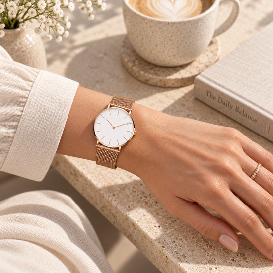 Rosegouden horloge om een pols bij een kopje koffie en een boek op een stenen tafel.