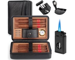 Leren sigarenhumidor, reisset met hygrometer en luchtbevochtiger, draagbare reishumidor voor 6 sigaren, 3-in-1 sigarenaansteker, V-cutter en puncher
