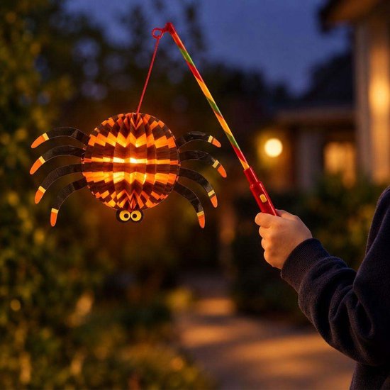 Spinnen Lampion - Zwart-Oranje - 12x25cm - Halloween - Versiering - Decoratie - Lampionnen - Met Stok - Griezelige Spin - Optocht — afbeelding 2