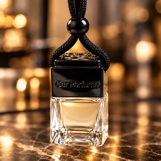 Glazen flesje autoparfum met zwarte dop en koord, tekst 'Car Perfume' in reliëf op de hals.