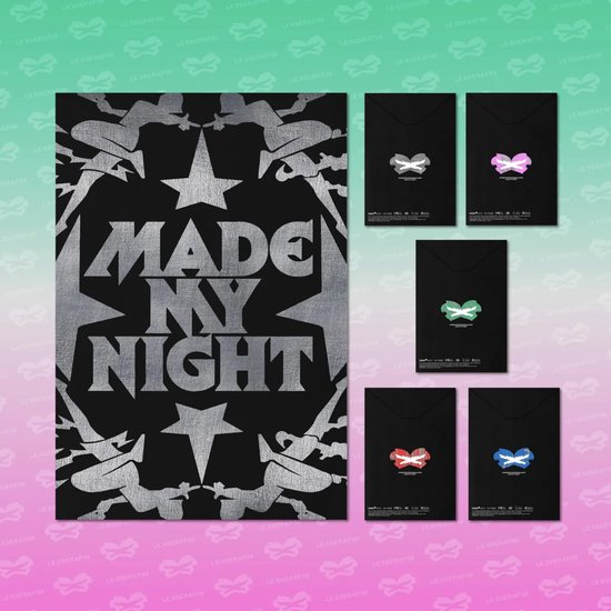 Zwarte hoes met zilveren 'MADE MY NIGHT' tekst en vijf kleinere versies in verschillende kleuren.