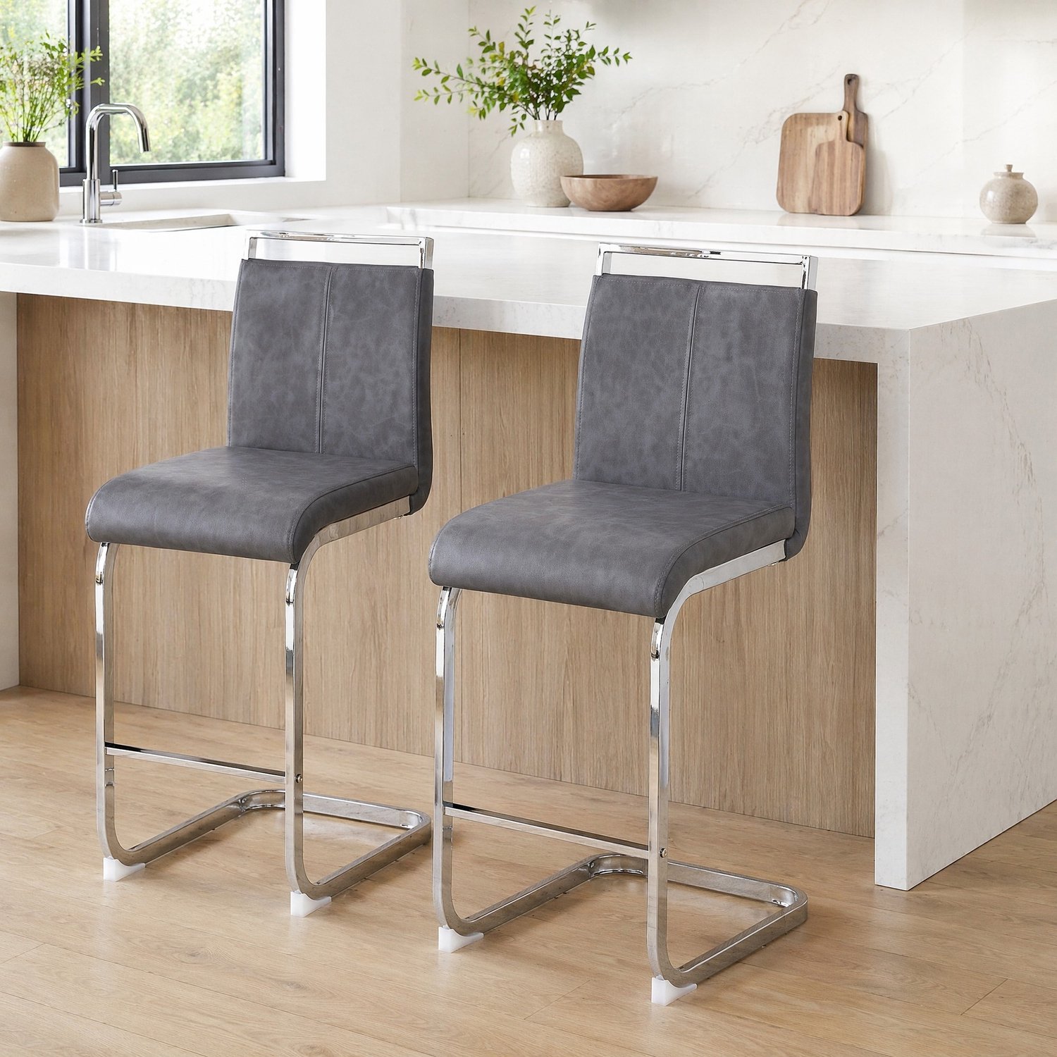 CHICFURN Barkruk - Set van 2 - Met rugleuning - Met voetsteun - Donkergrijs