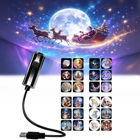 USB-projectorlamp met 24 verwisselbare kerstscènes en een projectie van de kerstman in een slee op het plafond.