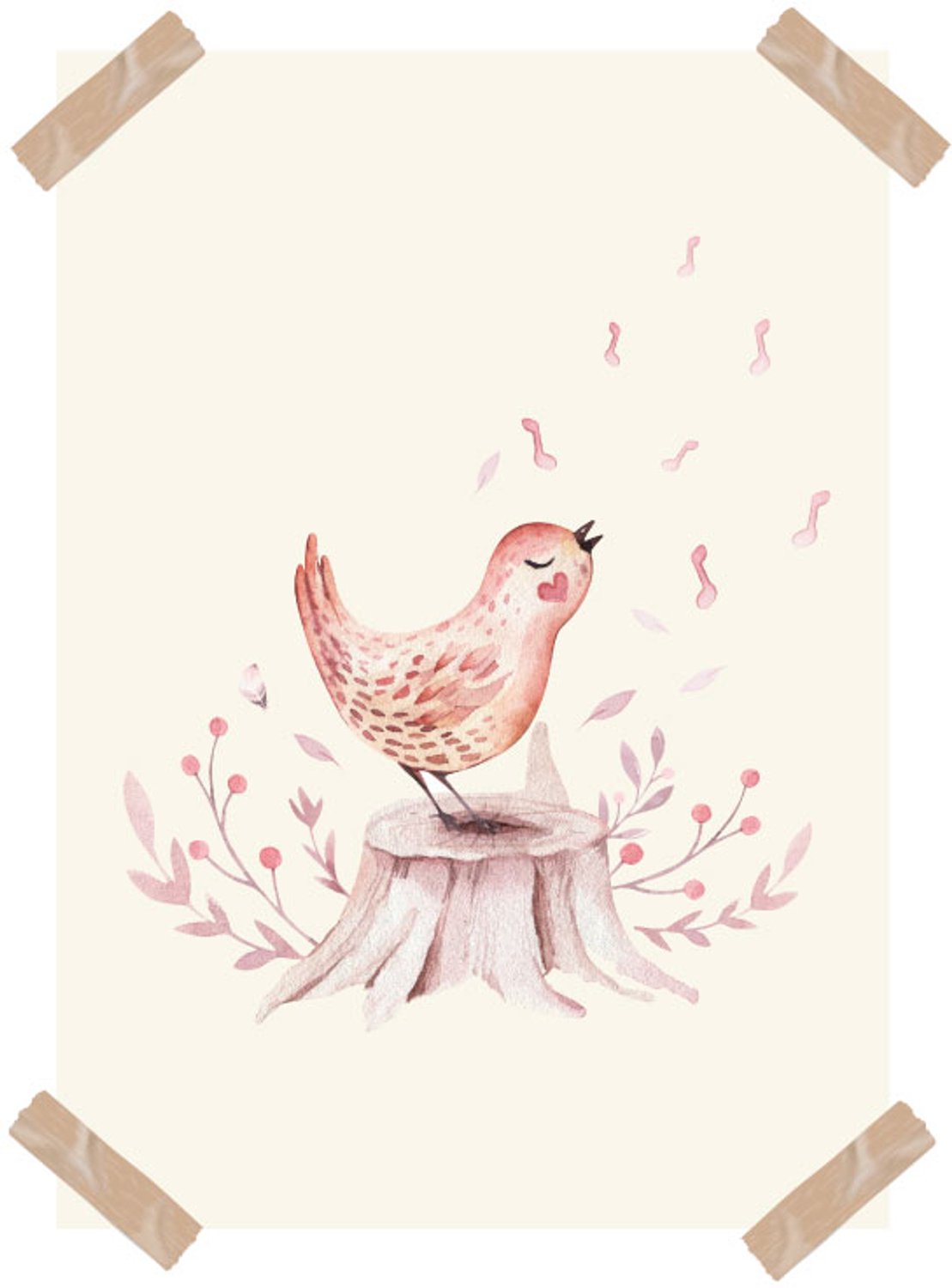Poster aquarel fluitend vogeltje-Kinderkamer-Poster A4 formaat-Wanddecoratie-bosdieren-Kinderkameraccessoires