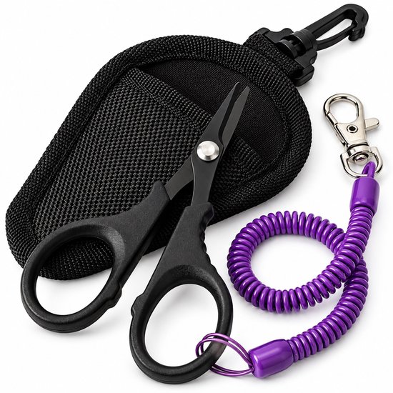 Zwarte vis schaar lijn knipper unisex compacte draad schaar met gekartelde snijbladen veerkoord en opberg etui kleine RVS uitstraling schaar voor vislijn nylon en precisie knipwerk