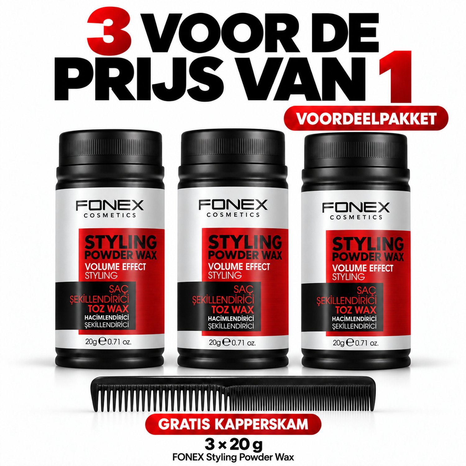 Fonex - Volume Poeder - Texture powder - Powder wax - Haarpoeder - 3 pieces + A Styling Comb - Hair, Hairstyling - Powder Wax - Styling - Wax - 3x20 g Long-Lasting Hold - Volumising – Dry Look & Easy Styling –Directe Root Lift, Extreme Textuur