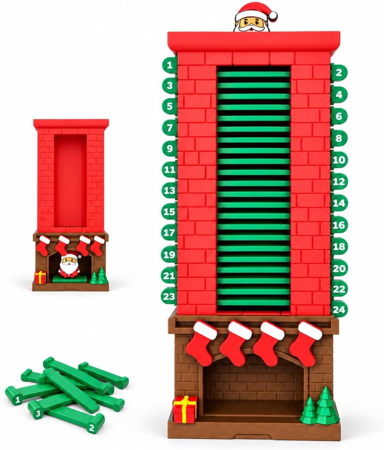 ZVD Aftelkalender voor Kerstmis (24 dagen) – Ontwerp met de Kerstman en de schoorsteen – Herbruikbare mechanische adventskalender – Ontwerp met treklipjes – Geschikt voor op de schoorsteenmantel, tafel of als kerstdecoratie