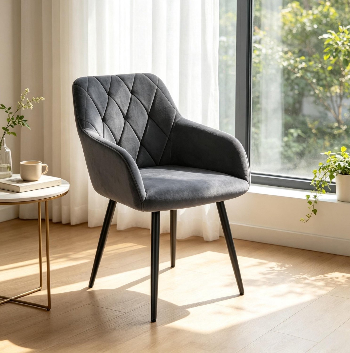 STILVORA Eetkamerstoel 44,5 x 46,5 x 79 cm - Met Armleuningen En Gewatteerde Zitting - Voor Eetkamer En Woonkamer - Velvet Donkergrijs
