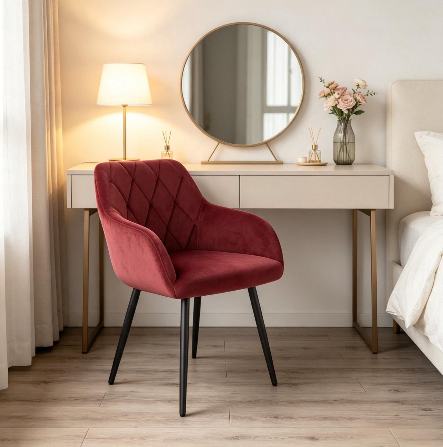 STILVORA Eetkamerstoel 79 Cm - Comfortabel Met Armleuningen En Gewatteerde Zitting - Voor Keuken Eetkamer Woonkamer En Slaapkamer - Velours Metaal Rood