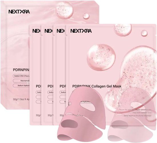 Vier roze Nextora PDRNPINK collageen-gelmaskers in doos met afbeeldingen van hydraterende gelbubbels.