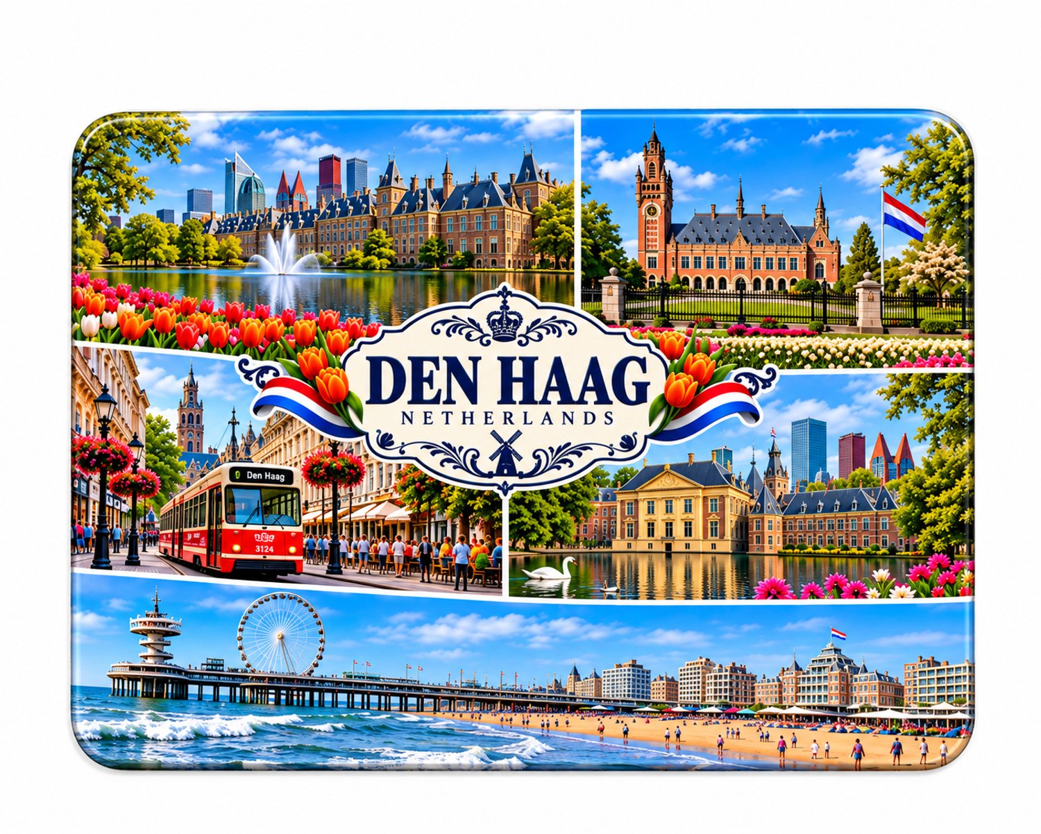 Den Haag Koelkastmagneet MDF 9 x 7 cm – Souvenir met Scheveningen, de Pier en Haagse Stadsgezichten