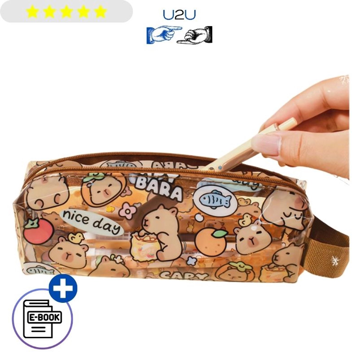 Capybara Etui 19 cm – Klein Transparant Pennenetui met Ritssluiting, Waterdicht PVC Etui met Kawaii Capibara Print, Pennenzak voor Pennen, Potloden, Gum en Puntenslijper, Compact Etui voor School, Hobby en Reizen, Leuk Cadeau voor Kinderen Met Ebook