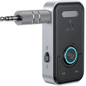 Zilveren en zwarte 2-in-1 Bluetooth ontvanger met 3,5mm jack, bedieningsknoppen en RX/TX schakelaar.