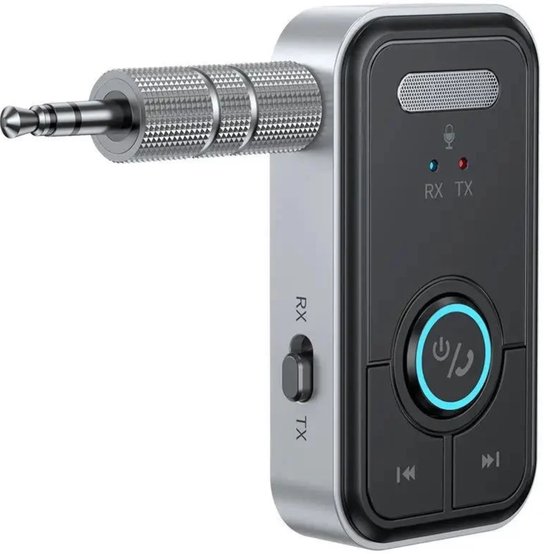 Zilveren en zwarte 2-in-1 Bluetooth ontvanger met 3,5mm jack, bedieningsknoppen en RX/TX schakelaar.