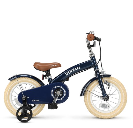 Zijaanzicht van donkerblauwe Deryan kinderfiets met bruin zadel, beige banden, zijwieltjes en '3IN1 CYCLE' logo.