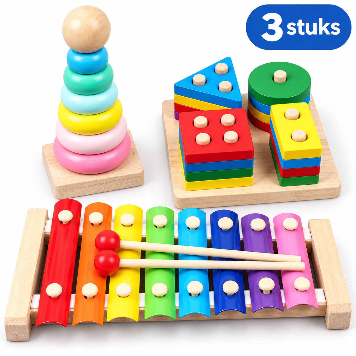 Flero Houten Montessori Set 3-in-1 - Xylofoon met 8 Tonen, Vormensorteerbord en Stapeltoren - Educatief Speelgoed vanaf 1 Jaar - Educatief Montessori Speelgoed, Speelgoed zonder Scherm, Verjaardagscadeau, Sinterklaascadeau