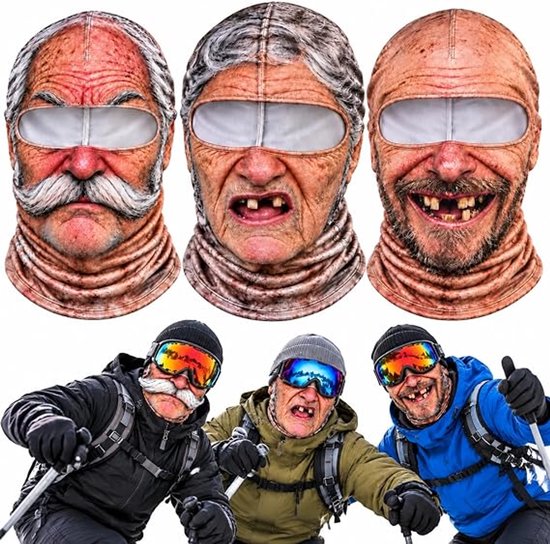 Drie realistische 3D-gezichtsmaskers van oudere personen, getoond als losse items en gedragen door skiërs in de sneeuw.