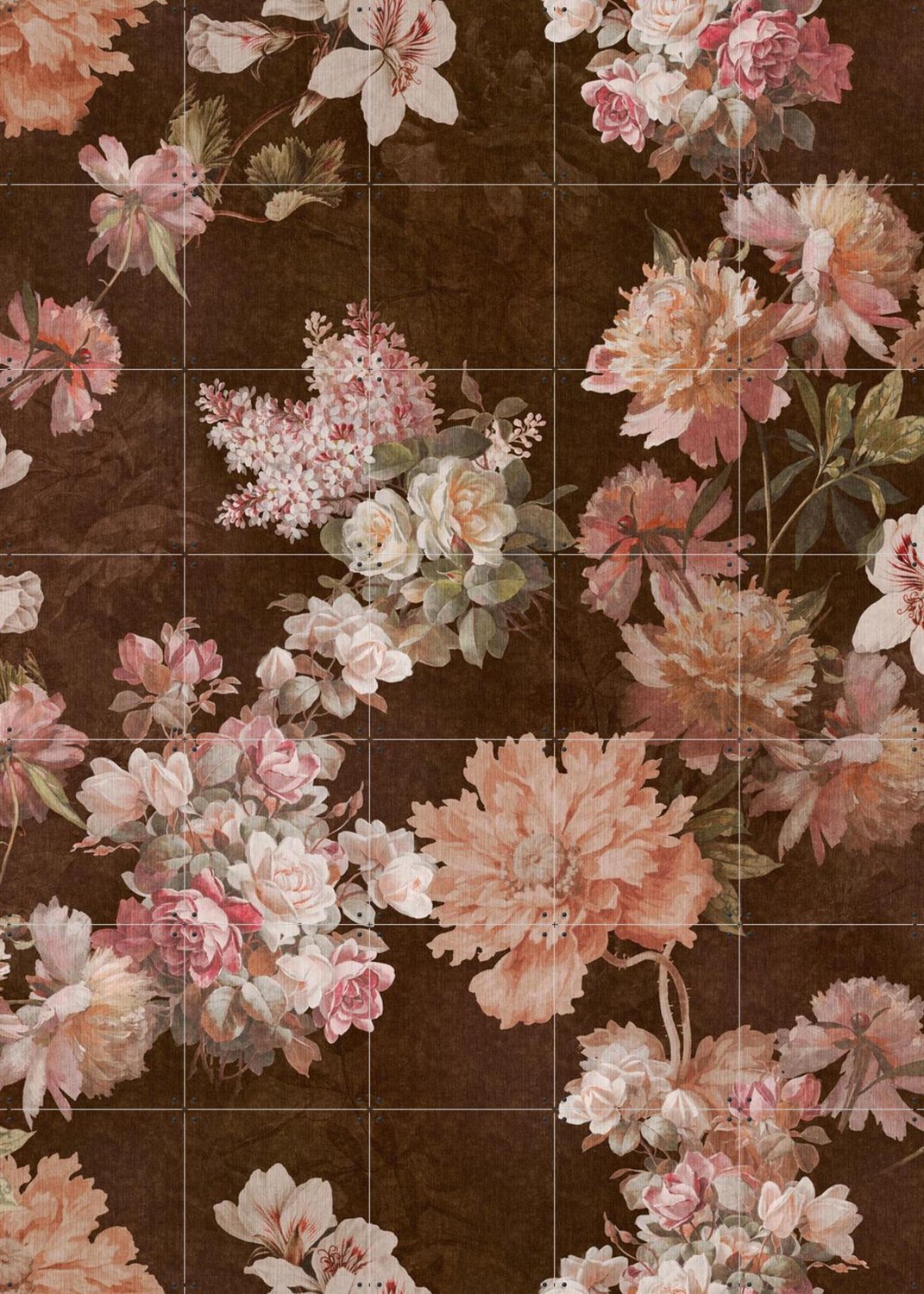 IXXI Moody Baroque Roses and Flowers, Bloomery Decor - 100 x 140 cm - Grote wanddecoratie en posters - Klassiek, Art Nouveau, Decoratieve kunsten Bruin