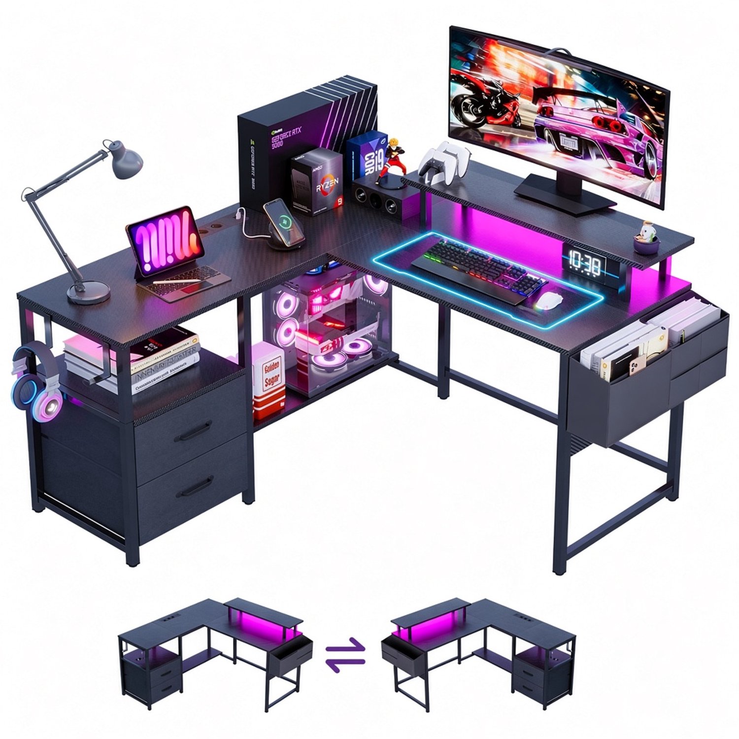Atlasyx bureau - Tafel - Hoekbureau - Gaming - Met lades - Bureautafel - Computerbureau - L vormig - 120 x 120 x 75 cm - Zwart
