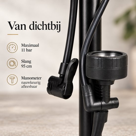 Fietspomp met Manometer - 11 Bar - Slang 95 cm - Dubbele Pompkop - Zwart — afbeelding 2