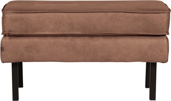 Bruine hocker van gerecycled leer op slanke zwarte metalen poten, vooraanzicht.