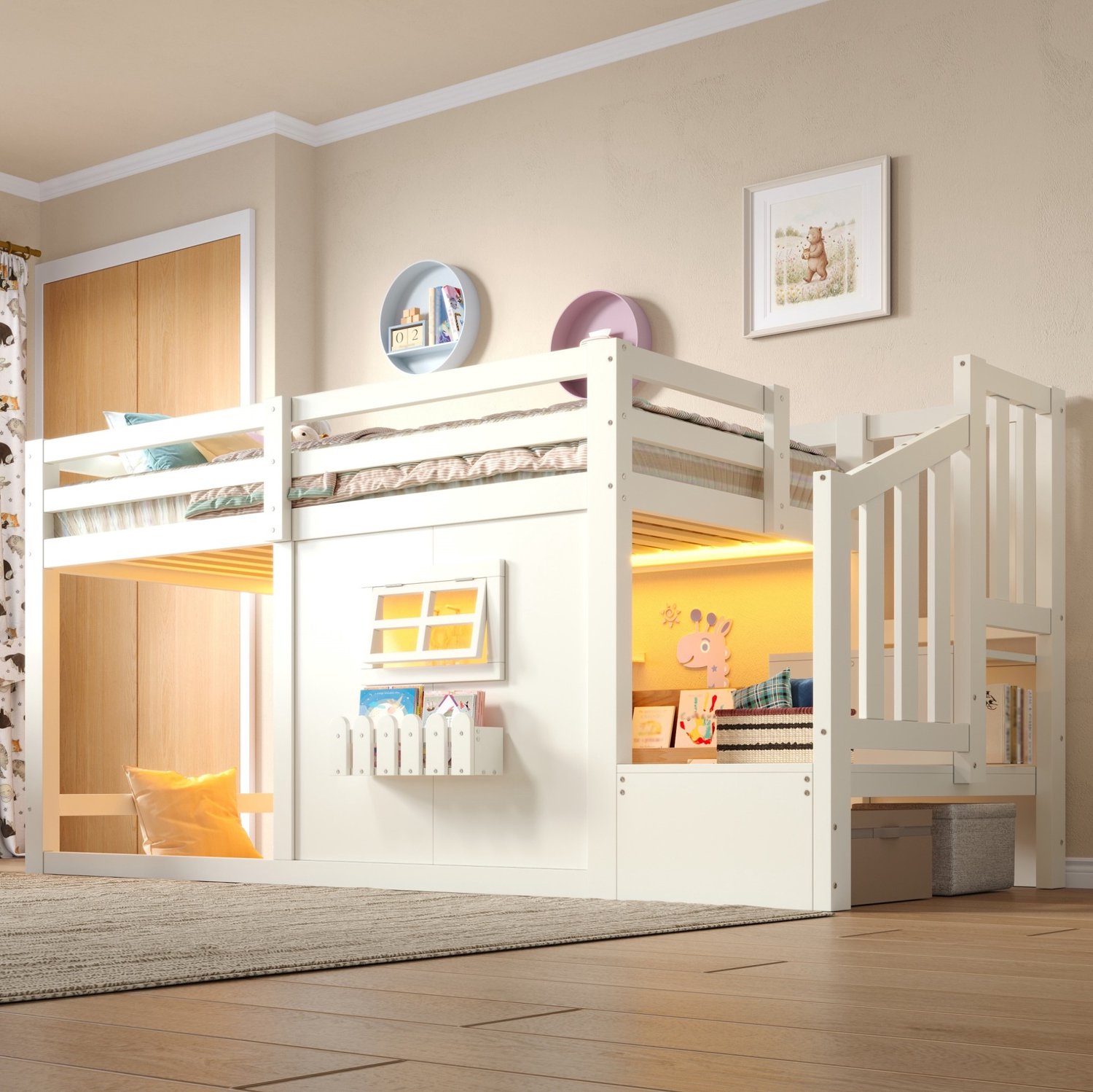 Wishdor Hoogslaper 90x200 cm - Opbergtrap met 2 vakken - LED-verlichting met instelbare kleuren - Raamdesign en valbeveiliging - Kinderkamer - Hout en MDF - Wit