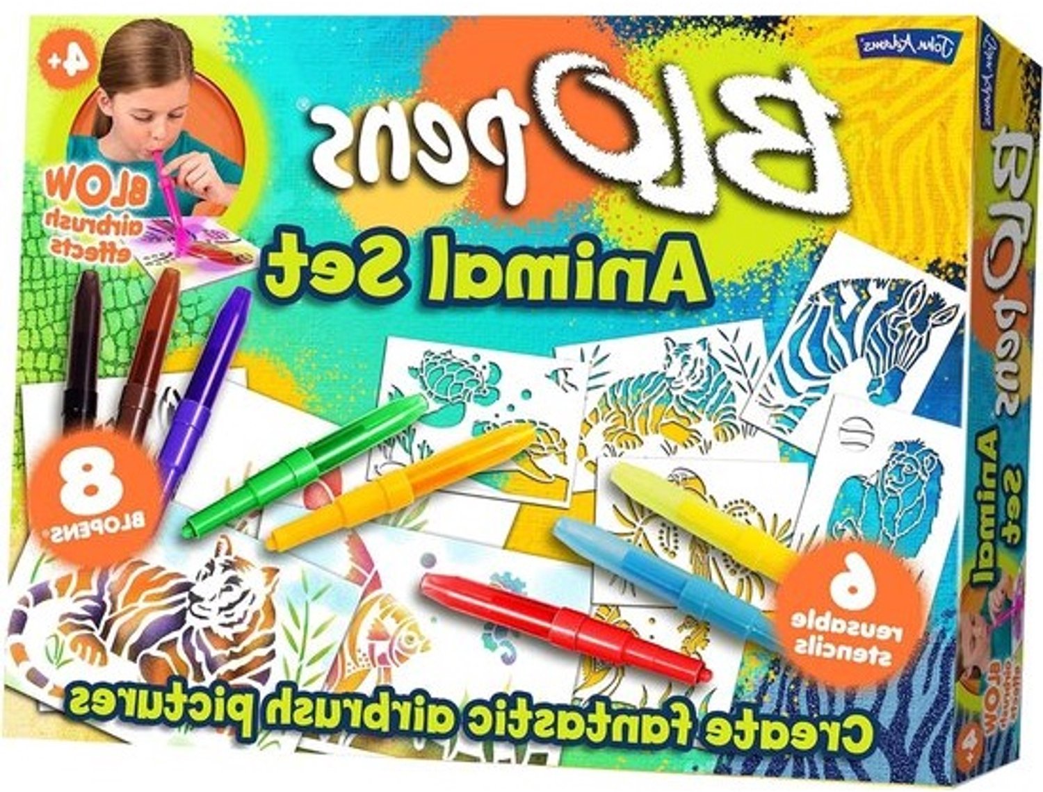 BLOPENS Dieren Set - Blaas- en kleurpennen - Creatief tekenen - Airbrush-effect - 8 pennen - Veelkleurig
