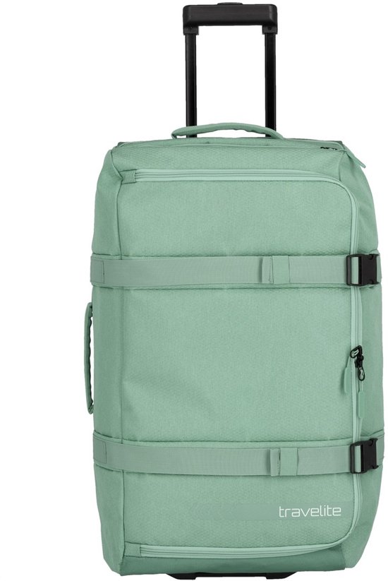 Saliegroene Travelite reistas op wielen met uittrekbare handgreep, compressiebanden en voorvak met rits.