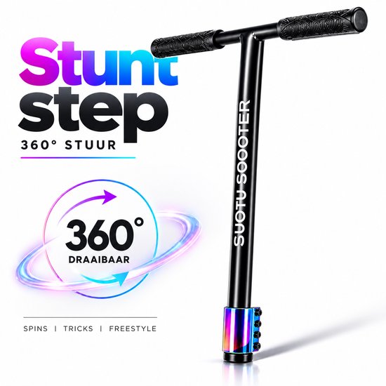 Zwarte stuntstep met 360 graden draaibaar stuur, ideaal voor tricks en freestyle.