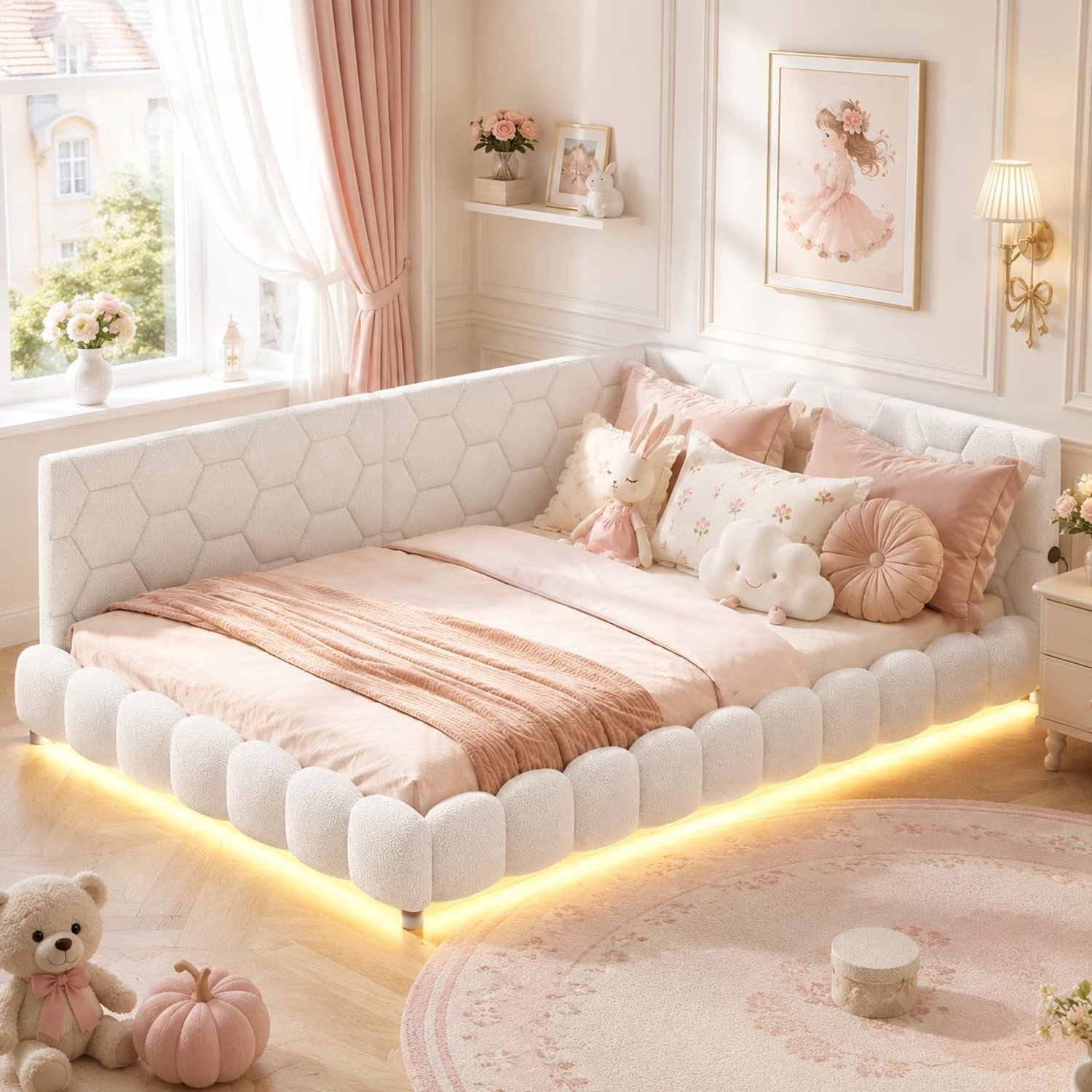 ROSAHQNDA Gestoffeerde slaapbank 140 x 200 cm, slaapbank met ledverlichting en USB, L-vormige slaapbank/daybed met lattenbodem, kinderbed, tienerbed, tweepersoons daybed, teddy-fluweelstof, zonder matras (beige - 140 x 200 cm) Wit