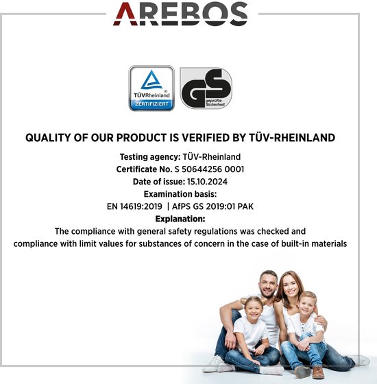 Certificaat van TÜV Rheinland die de kwaliteit van het product verifieert, met een afbeelding van een gezin.