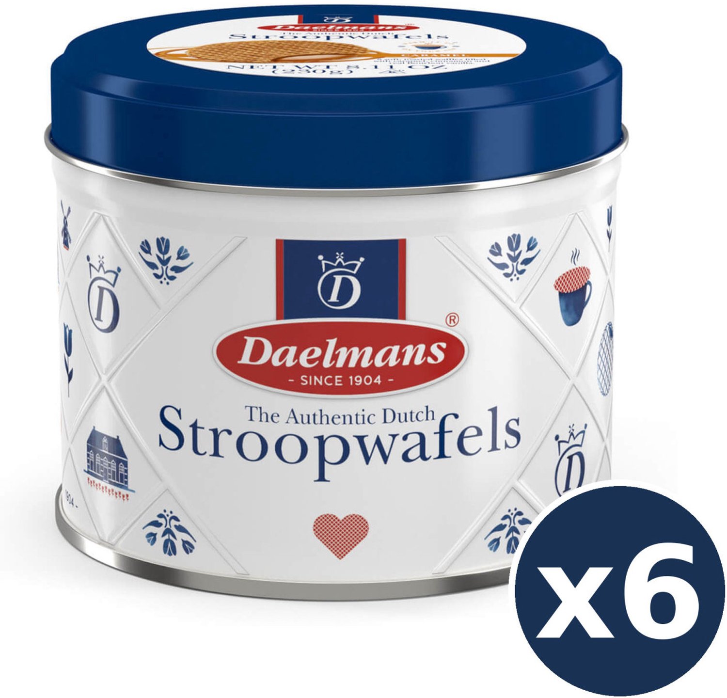 Daelmans 6-Pack Bundel Karamel Stroopwafels in Decoratief Blik - 48 Stroopwafels Totaal - Traditioneel Hollands Recept uit 1904