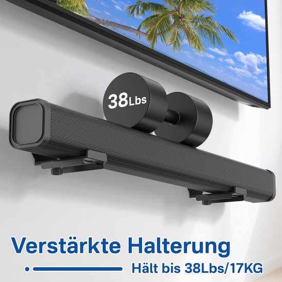 Soundbar Muurbeugel voor,, en. Soundbarbeugel met verstelbare diepte van 8,9 tot 15,1 cm. Soundbar wordt onder de tv gemonteerd en heeft een draagvermogen tot 17,2 kg. — afbeelding 4