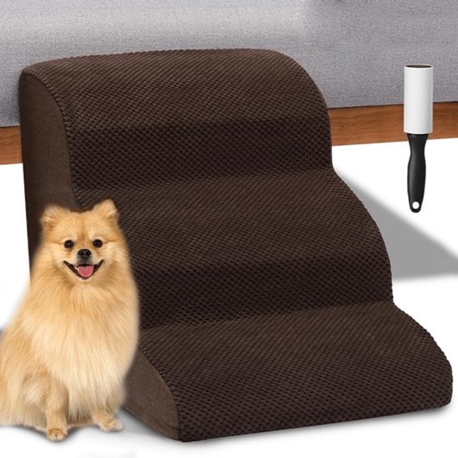BAKAJI huisdiertrap met 3 treden - Afneembare geribde hoes - Schuine trap voor katten en oudere honden - Bruin