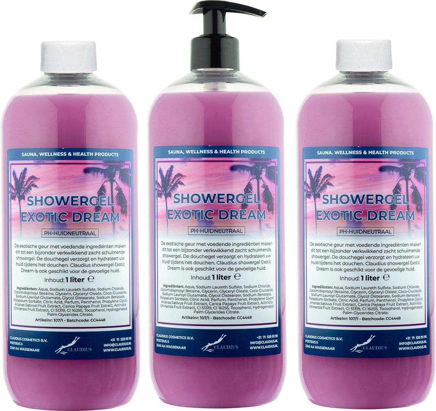 Claudius Douchegel Exotic Dream 1 liter - set van 3 stuks - met gratis zwarte pomp - navulling - voordeelverpakking