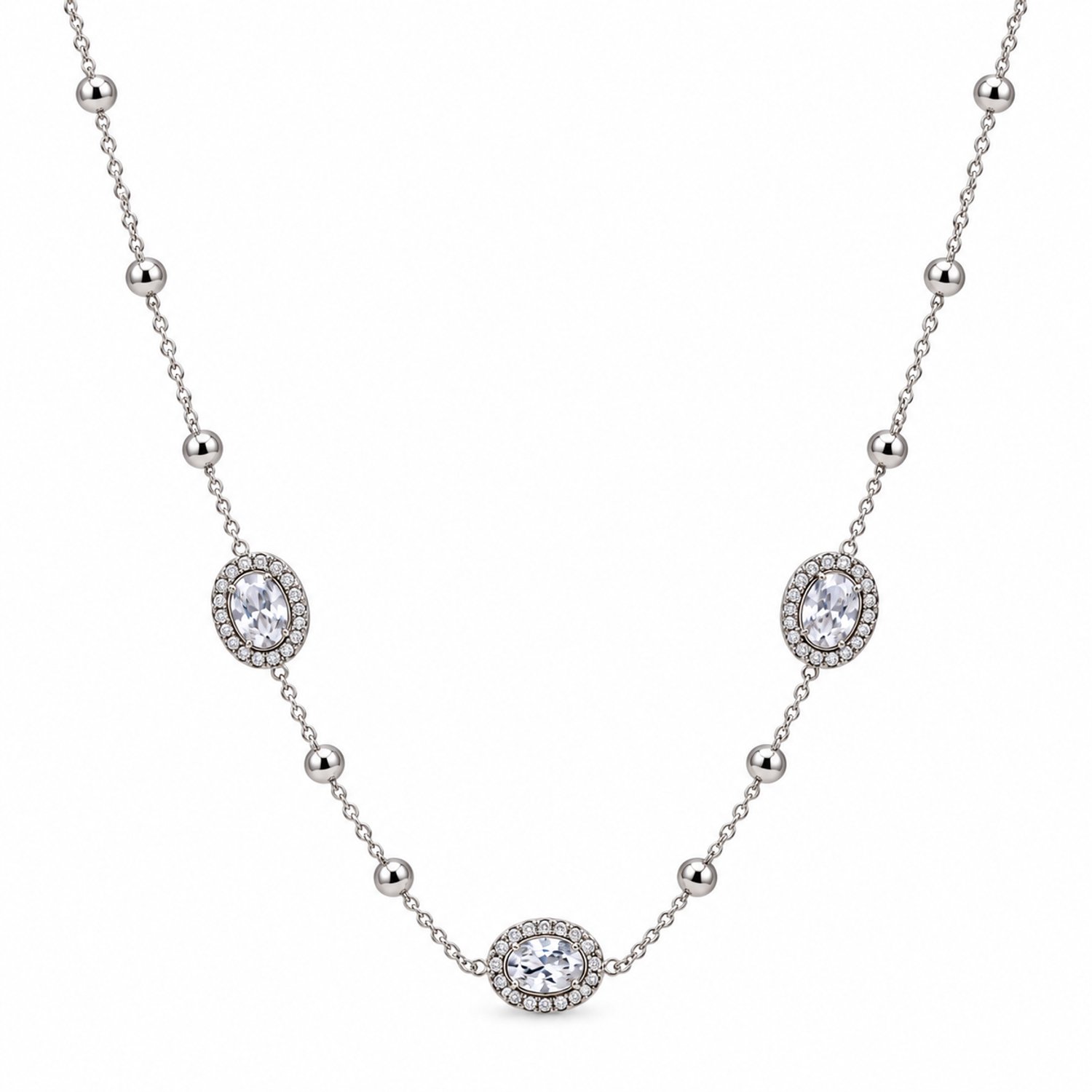 Engravia by Derya – Ketting Dames – Stainless Steel – Ovale Zirkonia Stenen – 40 + 5 cm – Zilverkleurig – Elegant Cadeau voor Haar