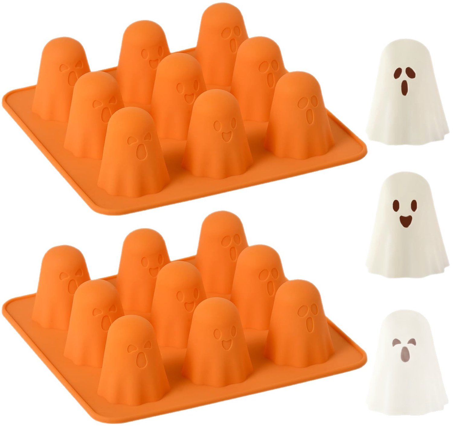 KZQ 2 stuks Siliconen chocoladevorm in de vorm van Halloween-spookjes – Geschikt voor het maken van snoep, gelei en fondant – 9 vormpjes – Oranje