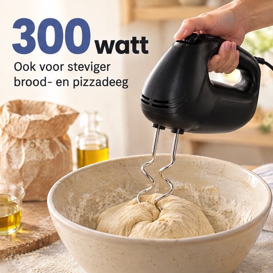 Cheqo® Handmixer Elektrisch met Gardes en Kneedhaken - Keukenmixer - 300W - 5 Snelheden met Turbofunctie - Eierklopper - Elektrische Garde - Mixer voor Beslag, Deeg en Slagroom - Handmixer Zwart - Bakbenodigdheden - Keukenapparatuur van Cheqo — afbeelding 4