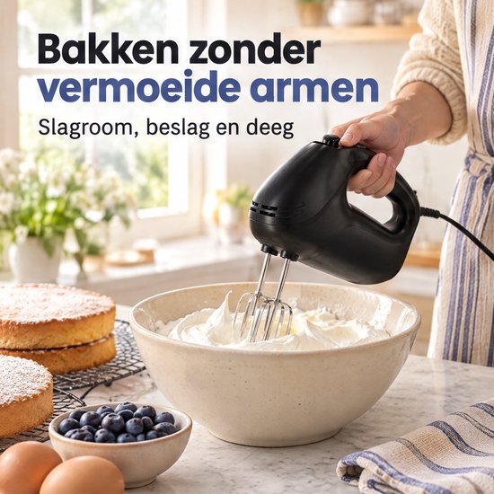 Cheqo® Handmixer Elektrisch met Gardes en Kneedhaken - Keukenmixer - 300W - 5 Snelheden met Turbofunctie - Eierklopper - Elektrische Garde - Mixer voor Beslag, Deeg en Slagroom - Handmixer Zwart - Bakbenodigdheden - Keukenapparatuur van Cheqo — afbeelding 2