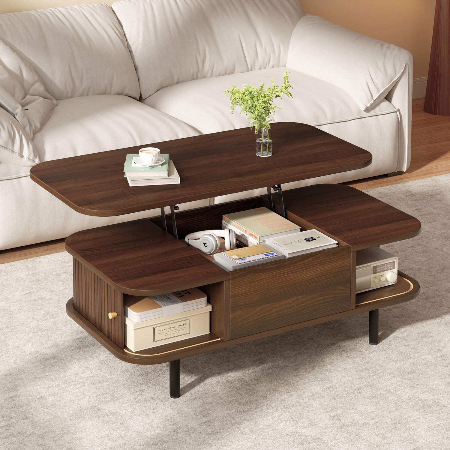 PHOEBE CAT Salontafel - Verstelbaar tafelblad - 2 schuifdeuren - MDF - Afgeronde hoeken - Walnootkleurig