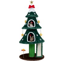 COSTWAY 137 cm Kerst Kattenboom Schattige Katten met 2 Holen Krabstam Krabplank Hangende Bal in Kerstboom Design voor Huiskatten Groen