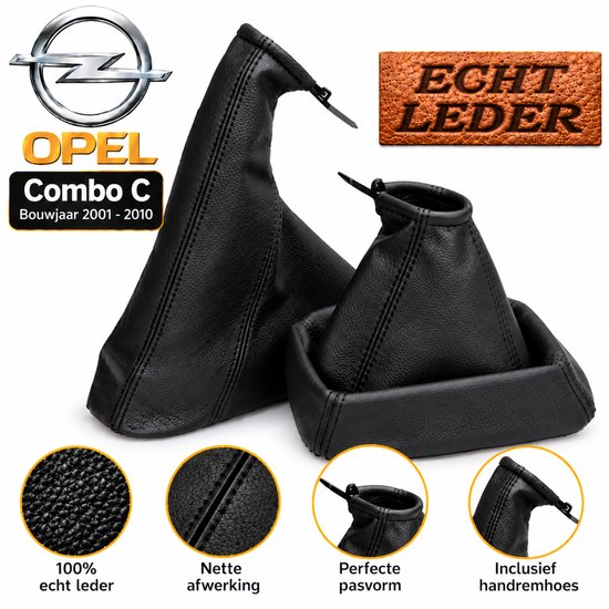 Zwarte lederen pook- en handremhoes voor Opel Combo C (2001-2010), 100% echt leder met strakke afwerking en pasvorm.