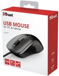 Verpakking voor Trust Carve USB-muis voor pc en laptop, met 1200 dpi en 1,7m kabel.